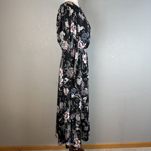 AFRM Womens Maxi Flare Dress M Medium Black Floral Balloon Long Sleeve Open Back - Picture 6 of 8